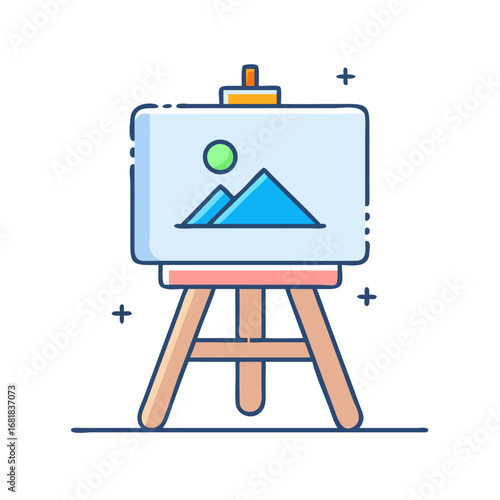 Colorful stylized artist's easel with a landscape painting displayed prominently in art class