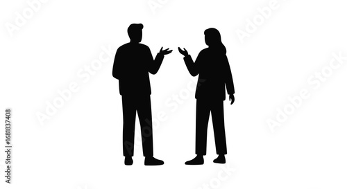 Two people standing and talking in silhouette against a white background