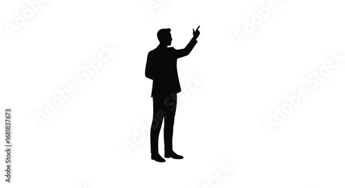 Man in a suit gesturing with his hand raised