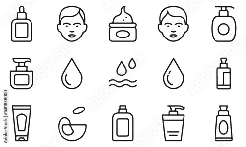 Linear vector icons of beauty and skincare products including lotion, cream jar, serum, shampoo, soap dispenser, drops, and face for cosmetic design themes