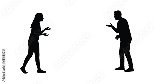 Silhouettes of a man and woman engaged in conversation on a white background
