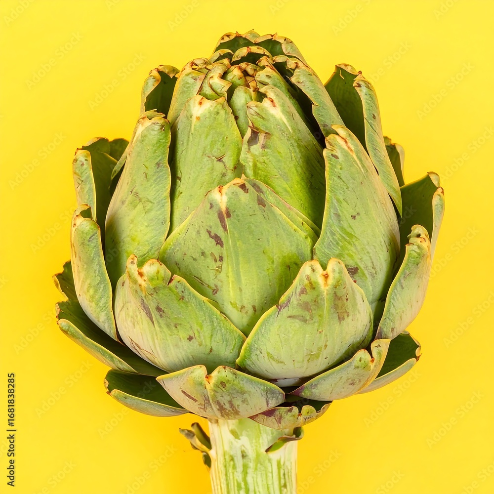 Fototapeta premium Close-up of a vibrant green artichoke head against a bold yellow background, showcasing detailed textures and colors.
