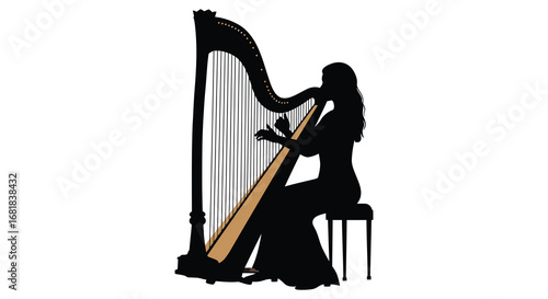 Woman playing a harp in a seated position with elegant posture and long hair