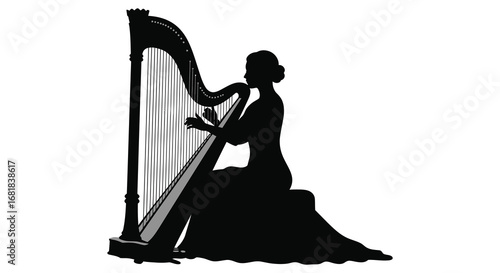 Woman playing a harp in elegant dress
