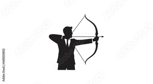 Businessman in suit aiming a bow and arrow in a focused stance