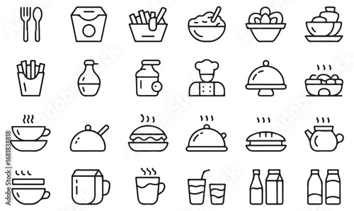 Food and restaurant icons in outline style featuring drinks, snacks, desserts, meals, chef symbols, coffee, tea, milk, and burger for cuisine and dining design