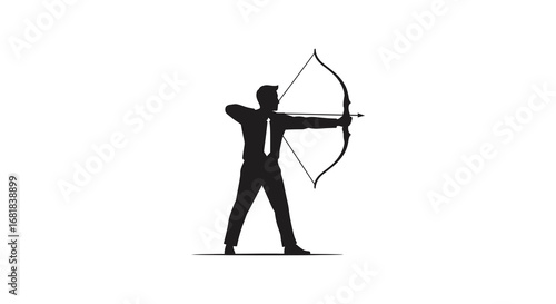 Man in business attire holding bow and arrow in shooting stance