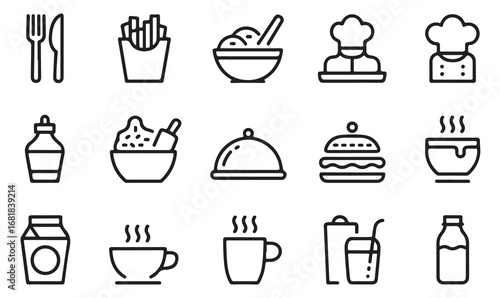 Linear vector icons of food and drinks including fries, burger, soup, salad, chef hat, cloche, coffee, juice, and milk bottle for restaurant and dining design