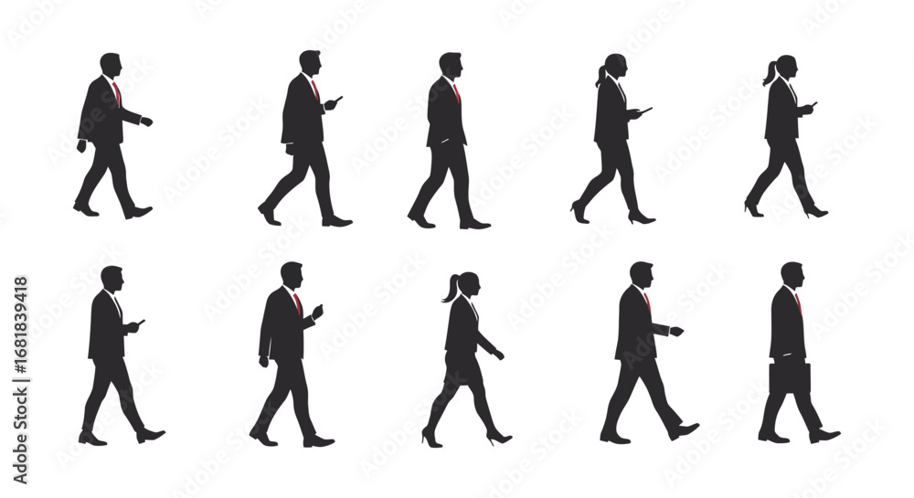 Fototapeta premium Business people walking in different poses and directions in silhouette