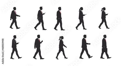 Business people walking in different poses and directions in silhouette