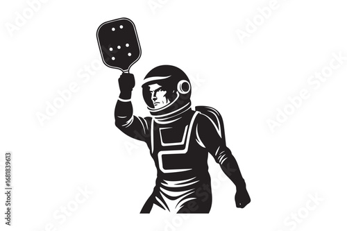 Astronaut holding a paddle in a triumphant pose