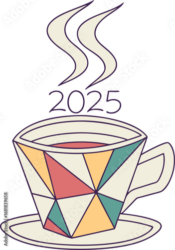 Steaming coffee cup with geometric pattern and year 2025 symbolizing new beginnings