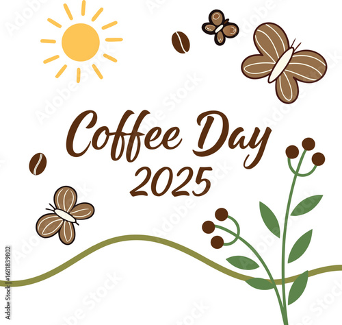 Celebrate coffee day 2025 with charming butterflies and a sunny spring day scene