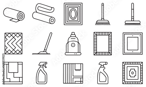 Household cleaning icons in outline style showing carpet rolls, vacuum, detergent bottles, spray cleaner, mop, and rugs for sanitation and hygiene concepts