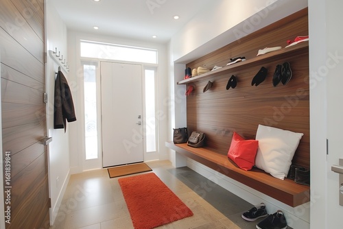 Modern entryway featuring built-in wooden bench and shelving with accessories in a minimalist design.