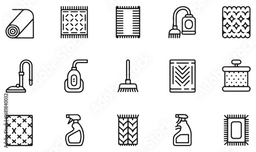 Vector line art collection of home cleaning and hygiene items such as spray bottles, rugs, fabric care, mop, and detergent for household maintenance graphics