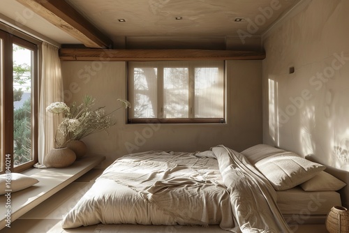 Serene and inviting bedroom filled with natural light, featuring earthy tones and rustic wooden accents everywhere.