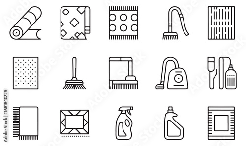Outline icon set representing carpet and floor cleaning with shampoo, detergent, mop, rugs, tiles, and vacuum cleaner in thin stroke illustration style