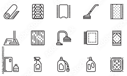 Linear vector icons of household carpet cleaning equipment including vacuum, mop, spray bottle, detergent, and rugs for hygiene and sanitation design