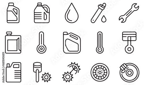 Outline icon set of automotive repair elements including wrench, piston, gear, oil, brake, engine tools, and service symbols for mechanical workshop design
