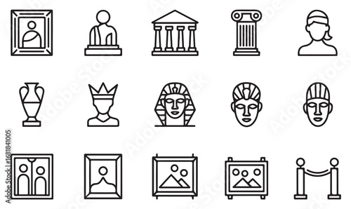 Vector collection of heritage symbols including pharaoh masks, greek columns, vases, ancient relics, and historical sculptures in outline design