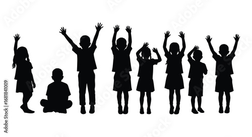 a group of children in silhouette with hands raised in celebration or excitement together