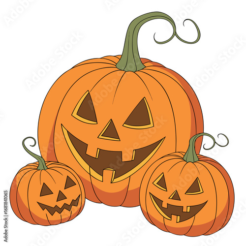 Three happy carved halloween jack o lantern pumpkins with curly stems on white background