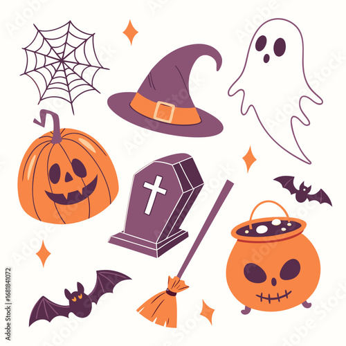 Collection of cute halloween icons including a pumpkin ghost hat coffin broom and bats