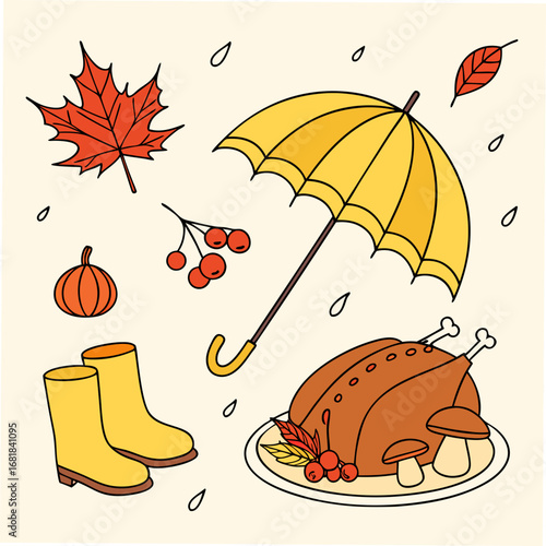 Cozy autumn elements including roasted turkey umbrella boots and leaves