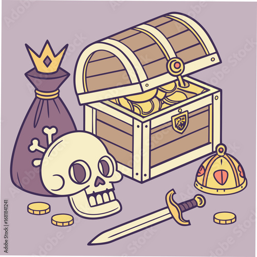 Pirate treasure chest filled with gold coins skull sword and sack of riches