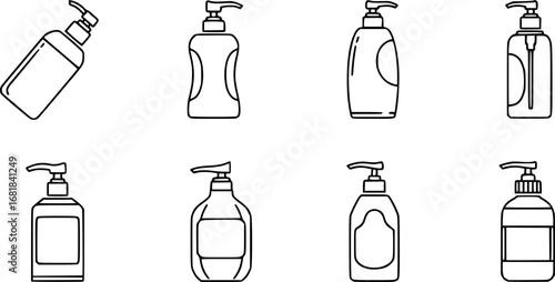 set of shampoo bottle with pump dispenser outline icon vector
