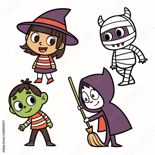 Cute cartoon children dressed as a witch mummy zombie and grim reaper for halloween