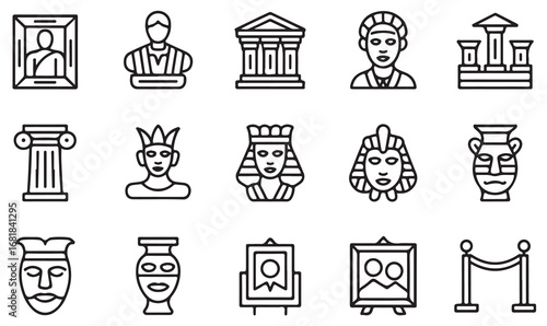 Linear vector museum icons featuring sculptures, artifacts, cultural heritage objects, architecture, and Egyptian masks for historical and educational design themes