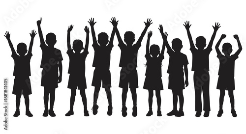 A group of happy children raising their hands in celebration together