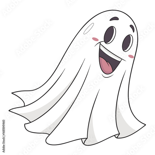 Happy cartoon ghost floating with a big smile and blushing cheeks