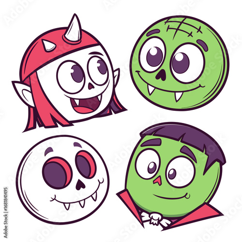 Cute cartoon halloween monster faces including a vampire zombie and skeleton