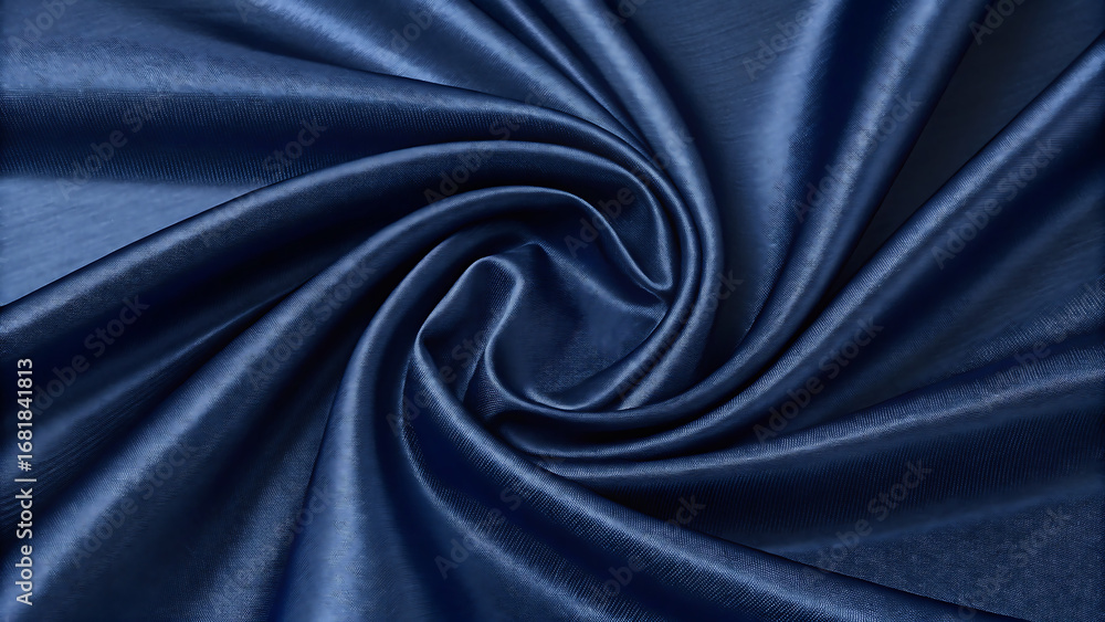 Fototapeta premium Luxurious deep blue satin fabric swirls with elegant folds creating a rich, flowing texture