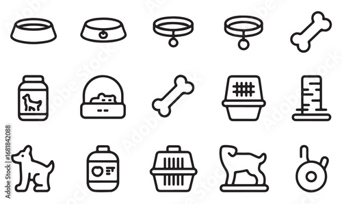 Clean vector illustrations of pet care items including collars, feeders, toys, carriers, litter trays, and scratching poles
