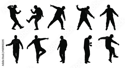 Collection of black silhouettes of people in various dance poses and movements