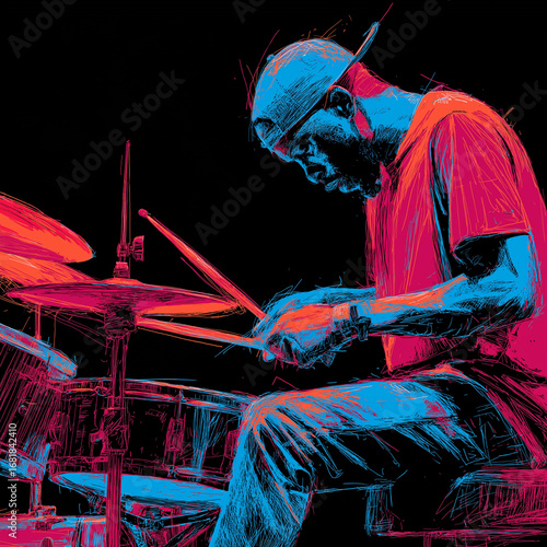 Drummer Playing Drums – Neon Crayon Sketch on Black Background