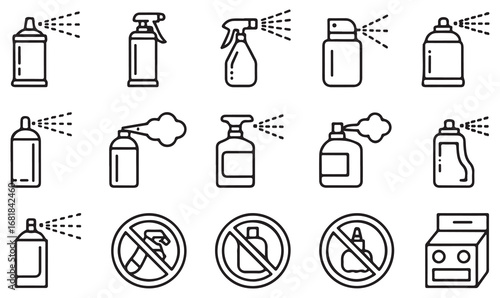 Outline vector illustrations of disinfectant sprayers, cosmetic sprays, cleaning bottles, and aerosol containers
