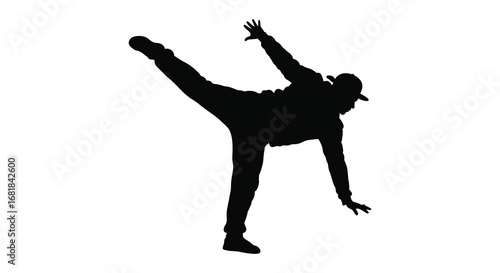 a person in a dynamic dance pose with one leg extended