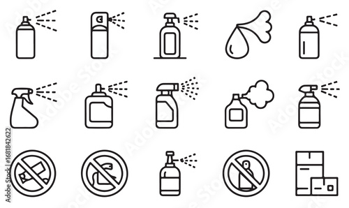 Minimalist spray bottle and aerosol can icons for hygiene, sanitation, household cleaning, and product packaging design