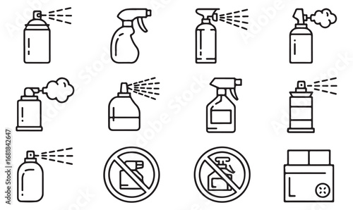 Vector line icon set of spray bottles, aerosol cans, disinfectants, and cleaning product containers in outline style