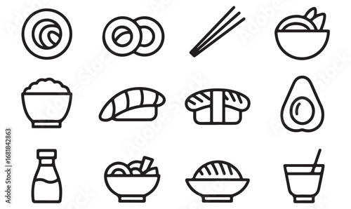 Modern line illustration icons of sushi, Japanese cuisine, rice, chopsticks, soy sauce, and fresh ingredients for food design