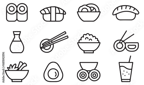 Clean vector icon collection of Asian food, sushi rolls, nigiri, rice bowls, sashimi, and traditional Japanese ingredients