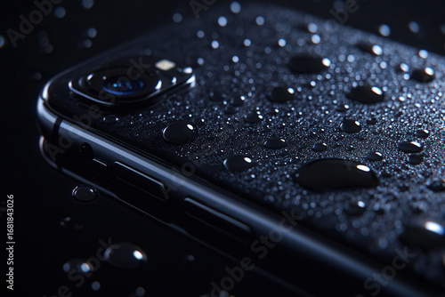 Waterproof black smartphone with water droplets on screen and camera showing water resistant mobile phone technology for outdoor use and protection concept

