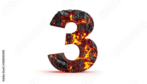 A 3-dimensional number three formed from cracked lava, with glowing molten interior, set against a stark white background.