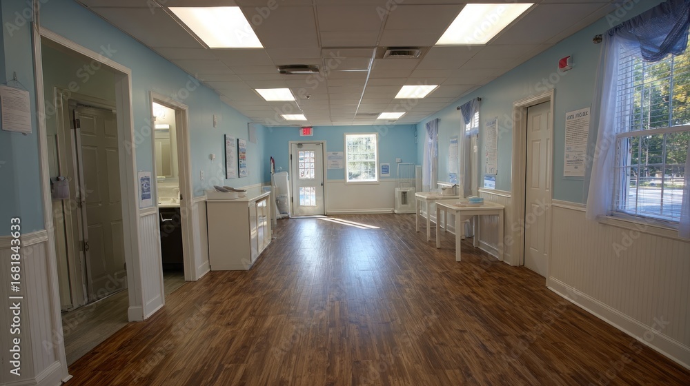 Obraz premium Light-filled interior of a light-blue room with wooden floors