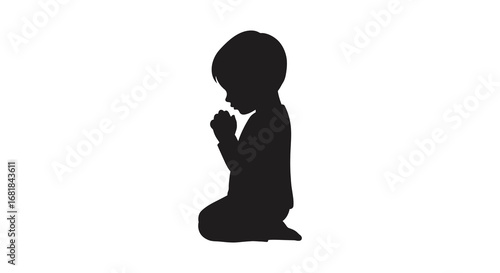 A silhouette of a child kneeling in prayer with hands clasped together
